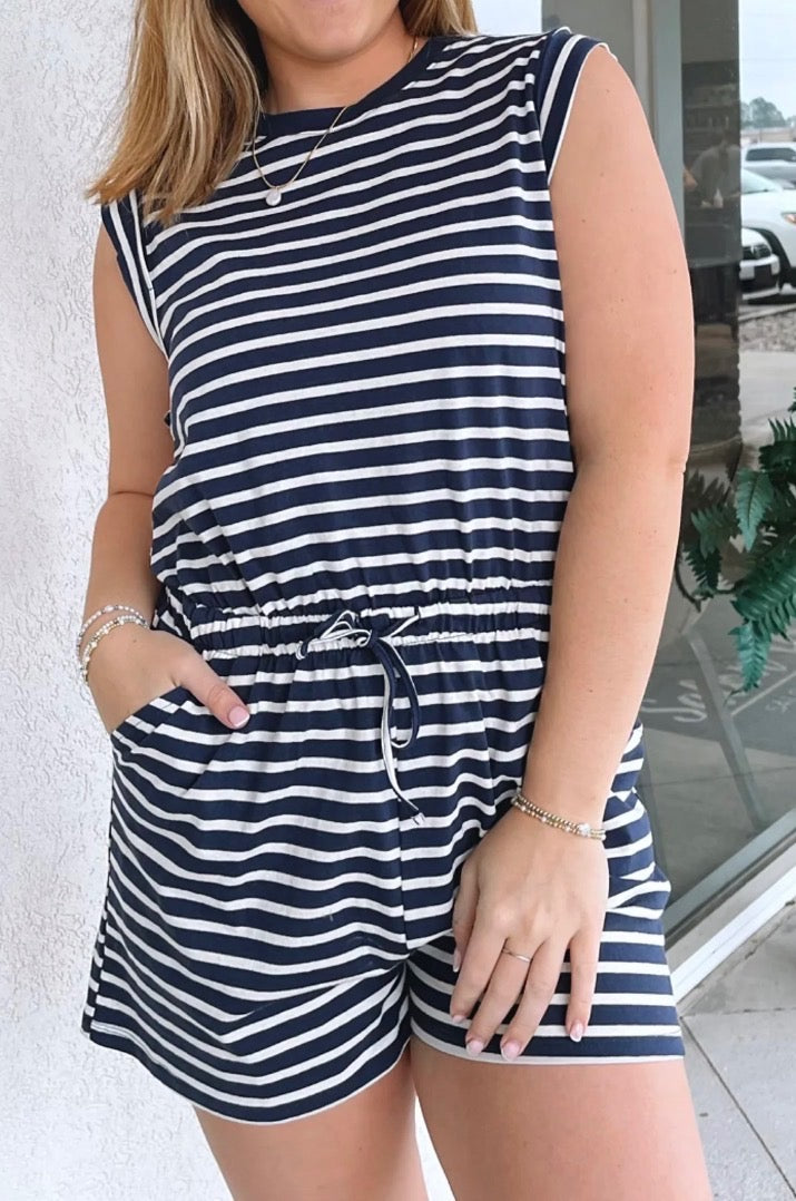 Double Zero Brand Navy Blue Striped Romper
