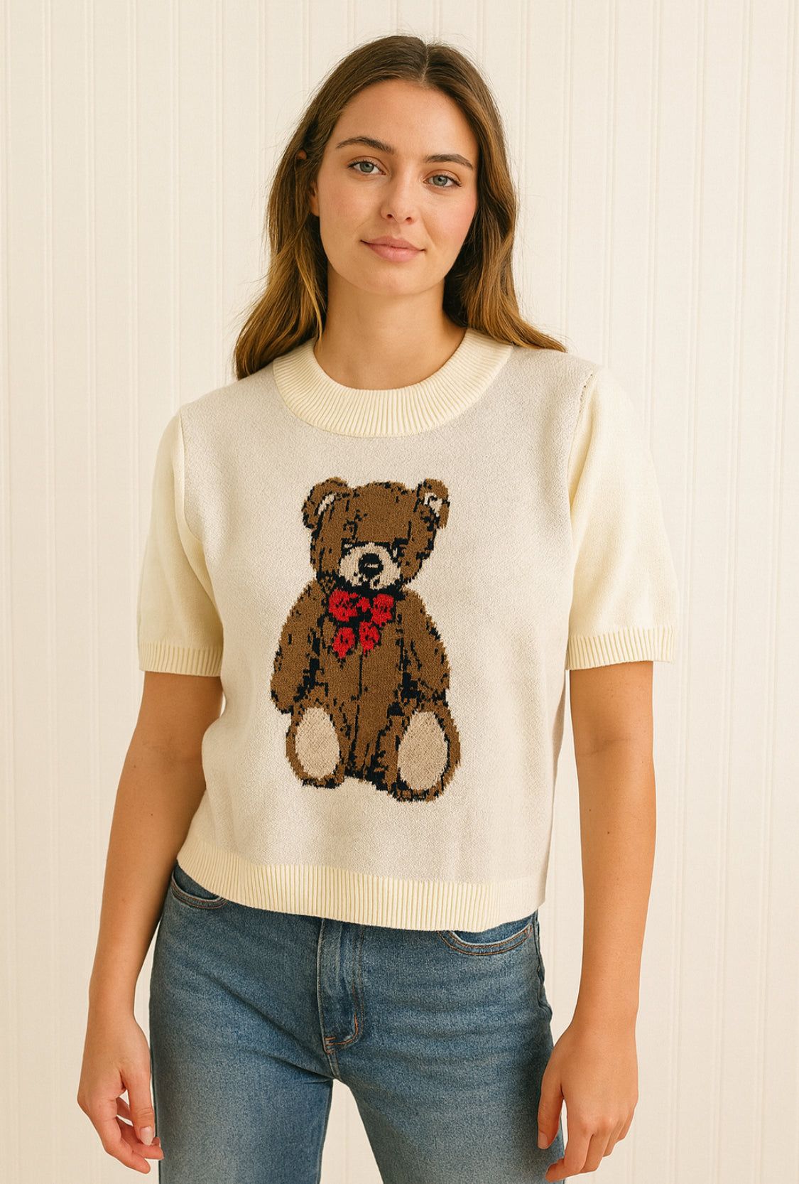 Short Sleeve Teddy Bear Patterned Sweater Top