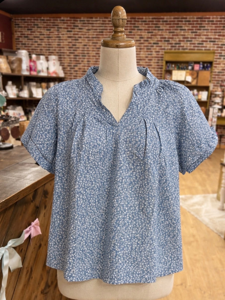 Umgee Blue with White Floral Print Blouse
