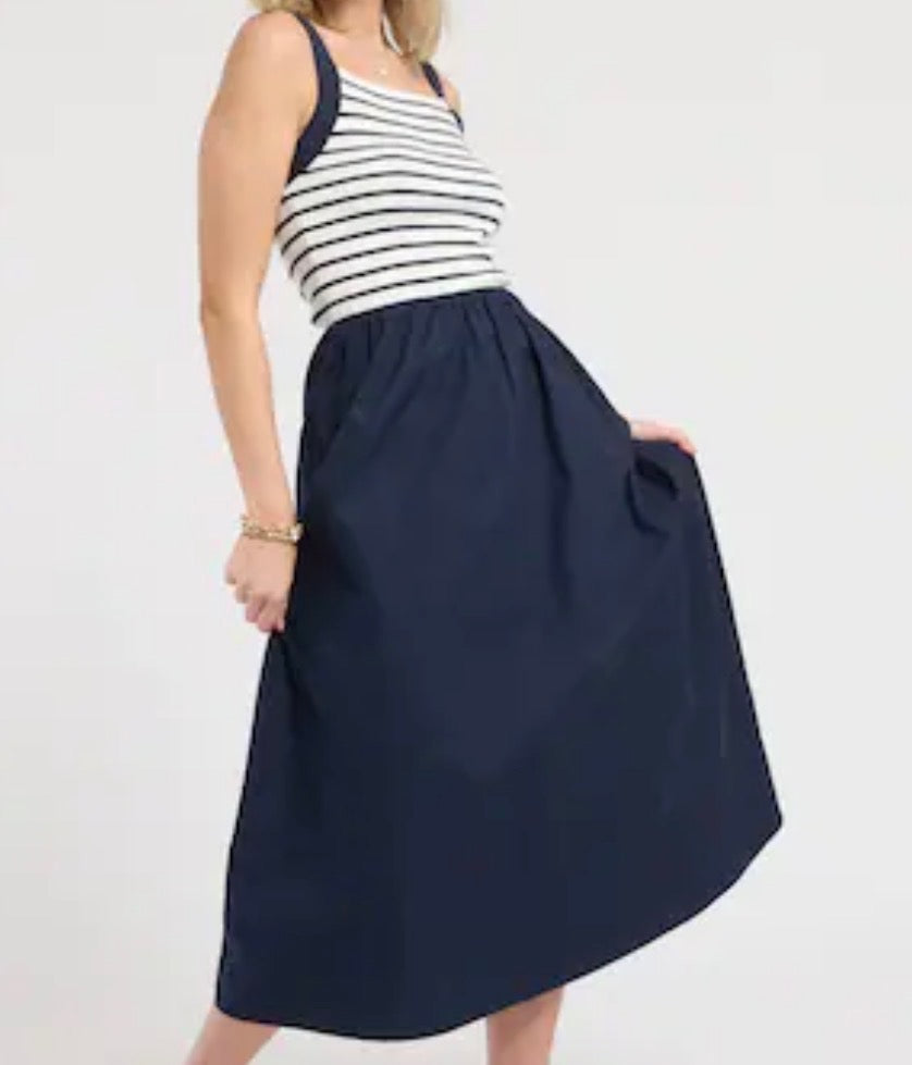 Navy Blue and White Striped Flowy Canvas Dress