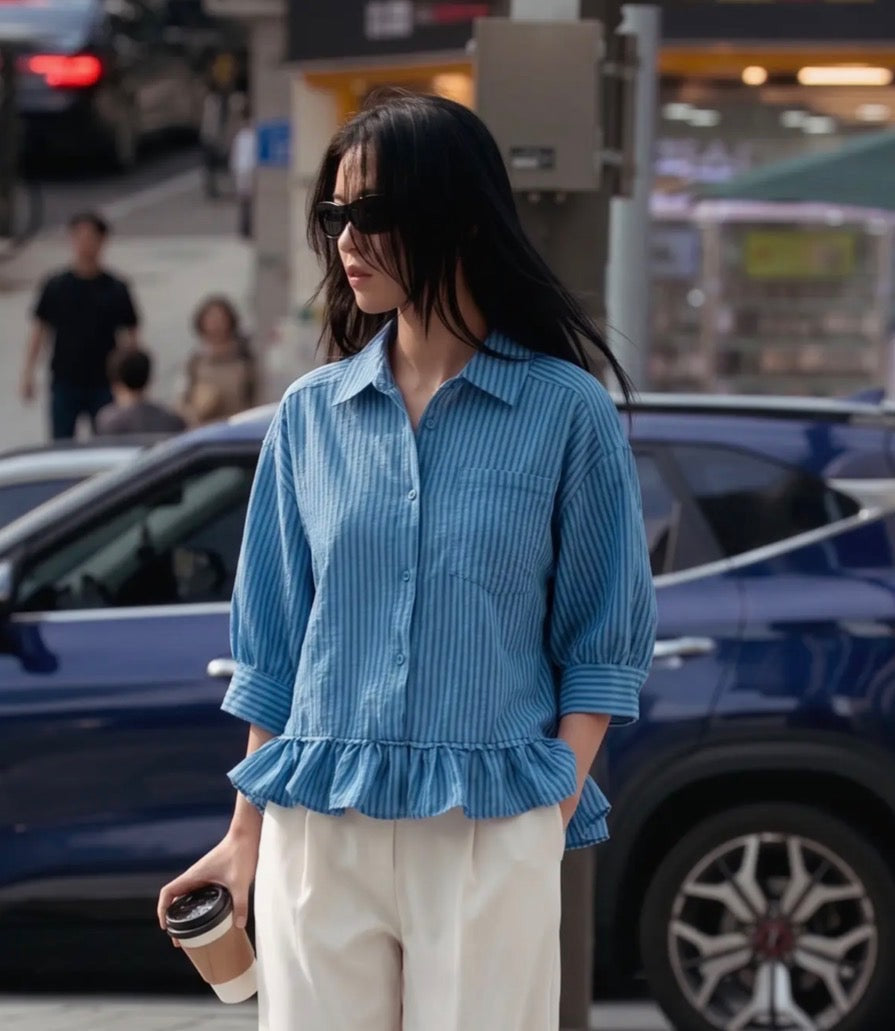 Blue Collared Ruffle Half Sleeve Blouse