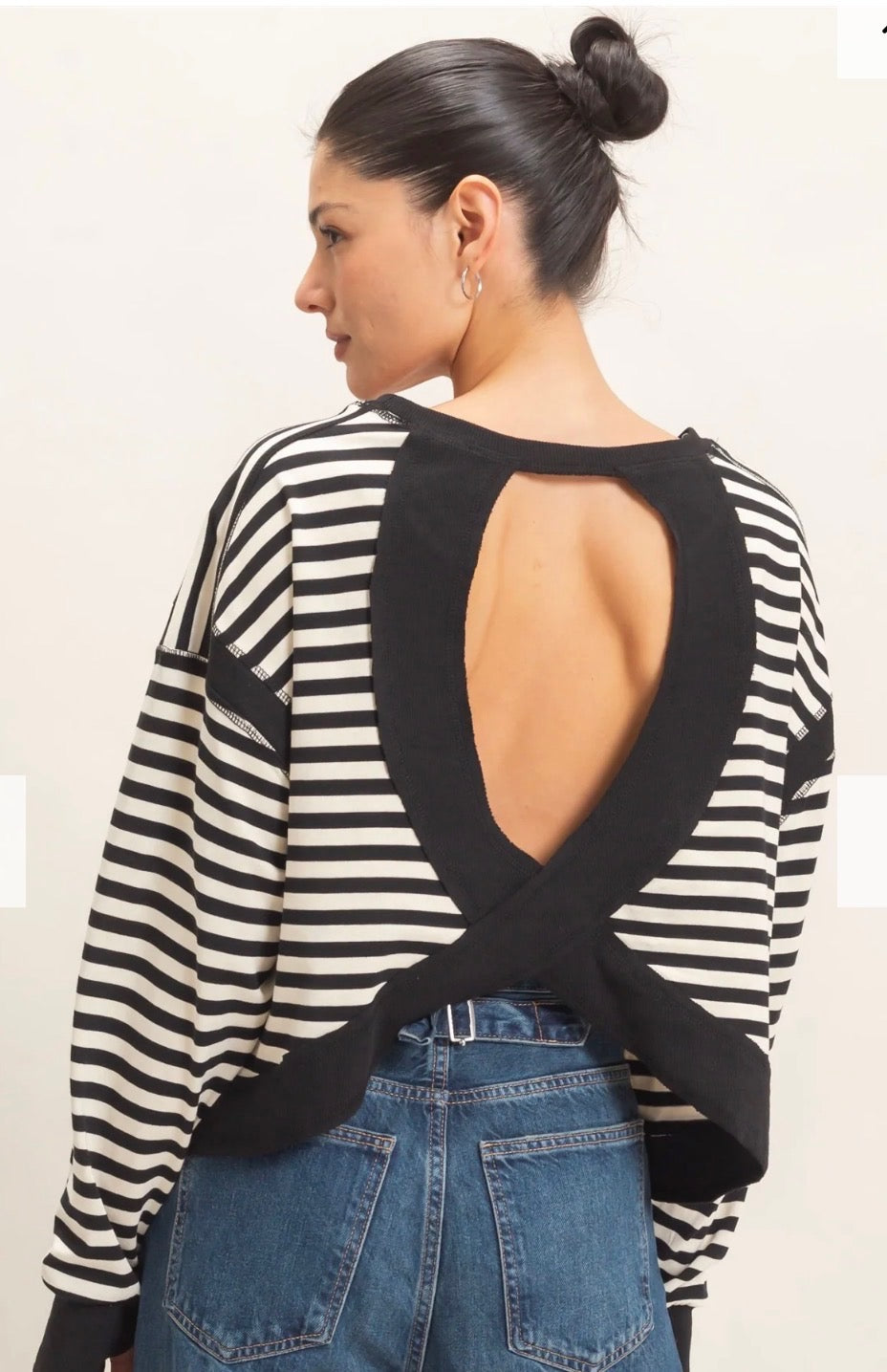 Striped Long Sleeve Open Back Top