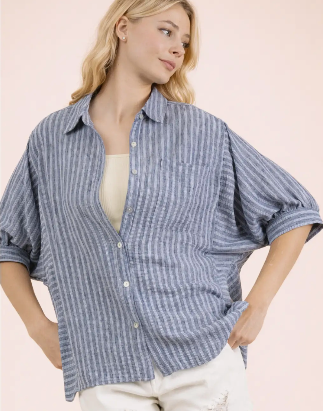 Striped Half Puff Sleeve Collared Top