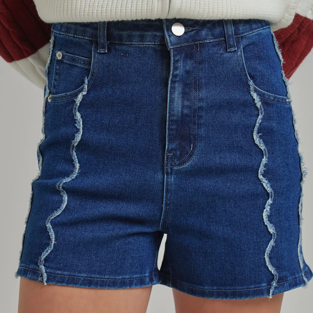 High Rise Denim Shorts With Scalloped Front Seam