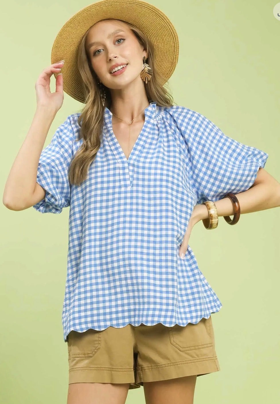 Gingham Puff Sleeve V-Neck Top