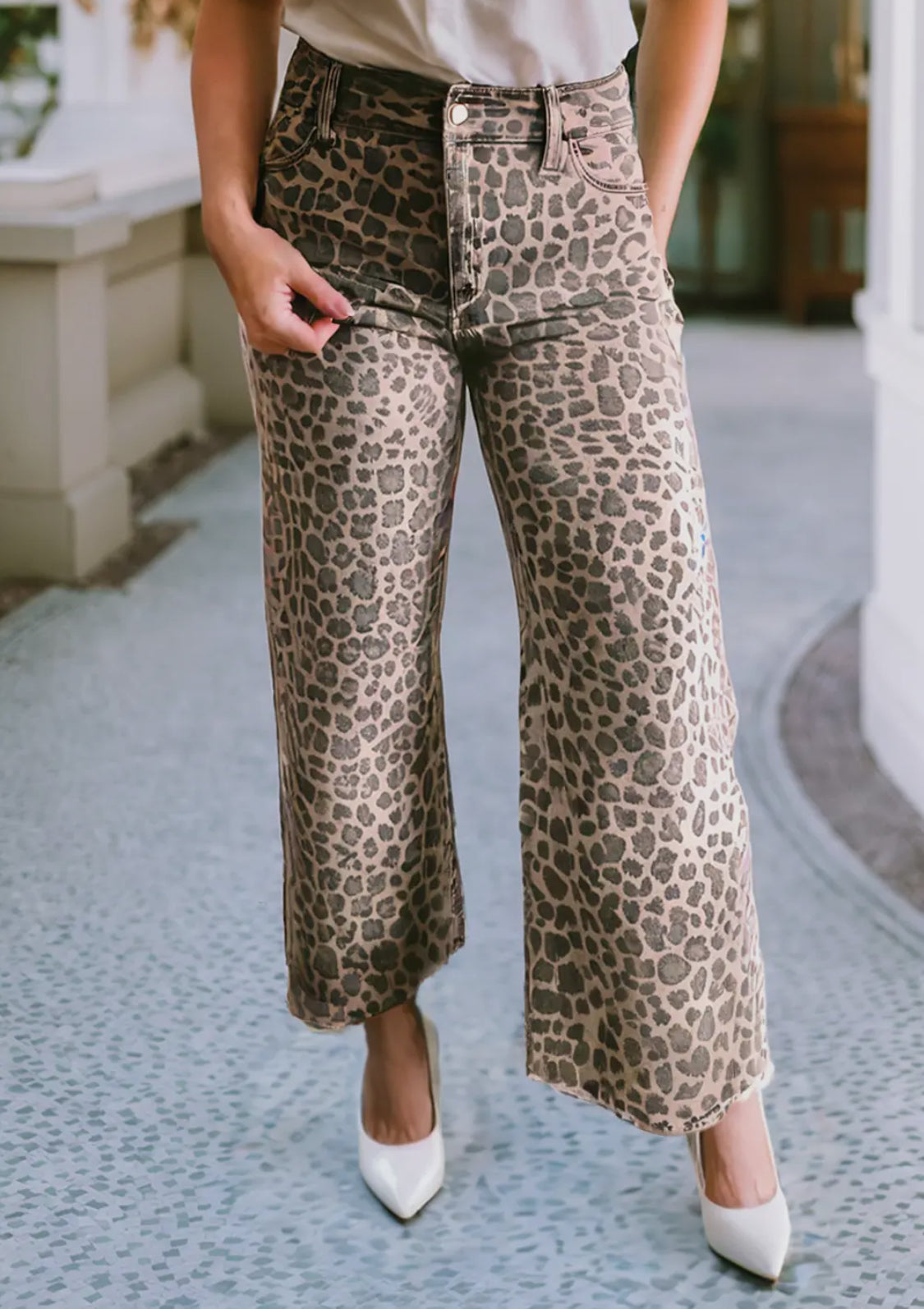 Leopard Frayed Wide Leg Jeans