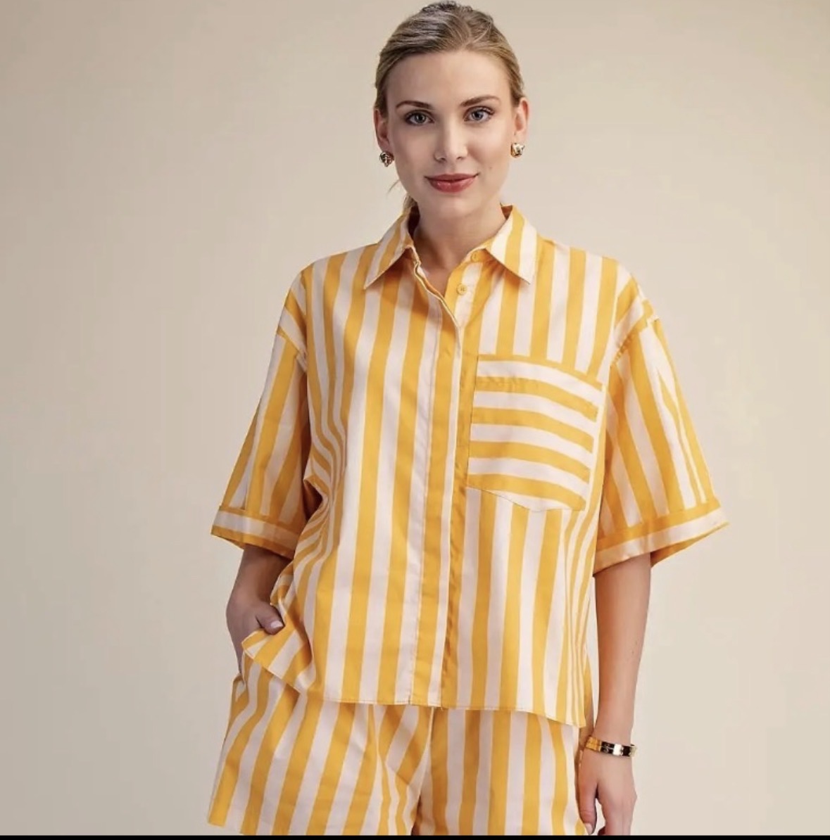 Yellow Striped Short Sleeve Collared Top