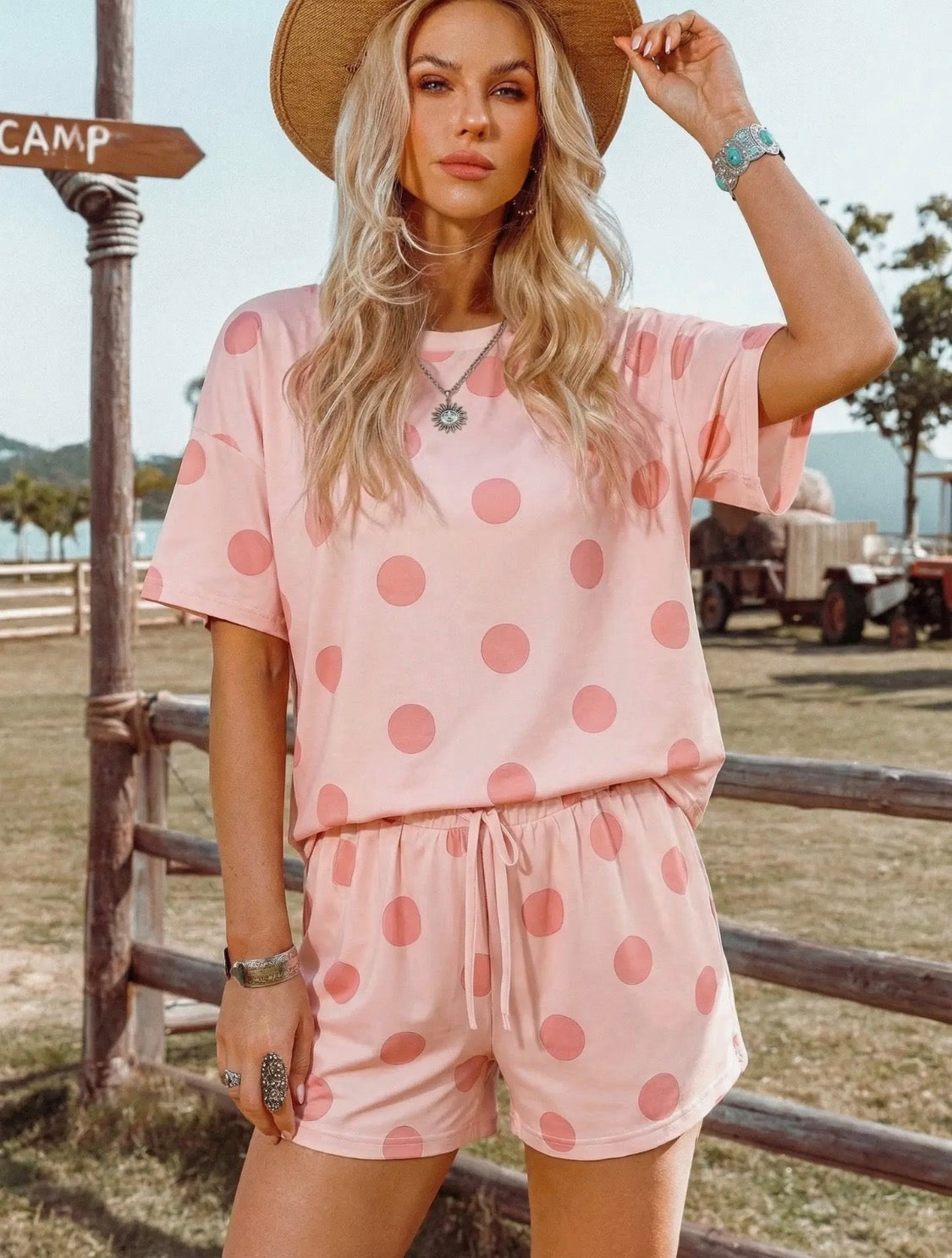 Pink Polka Dot Print Tee Drawstring Elastic Short Set