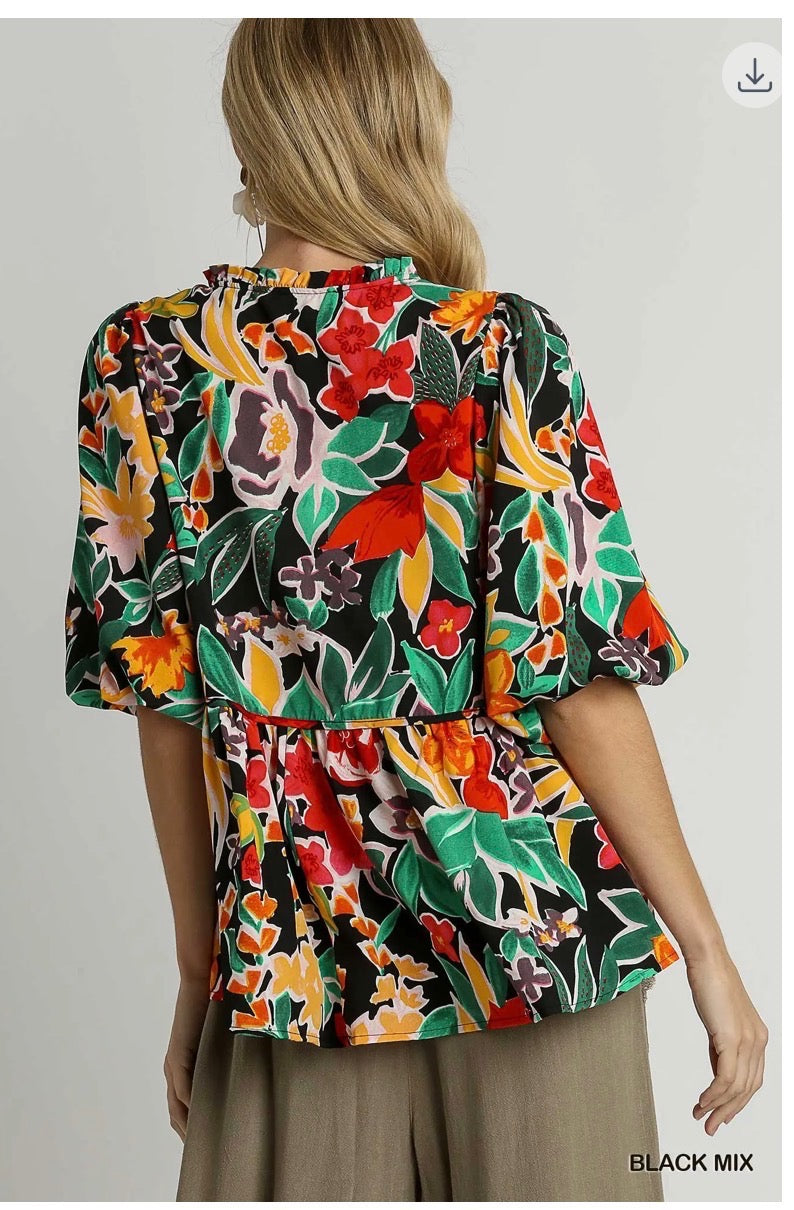 Floral Print V Neck Baby Doll Blouse