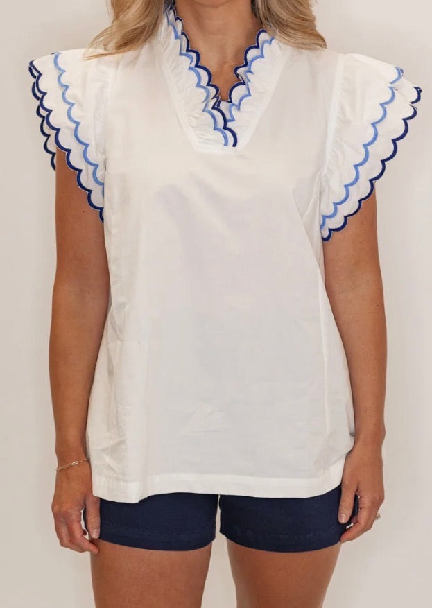 Umgee White Blouse with Blue Stitch Accents