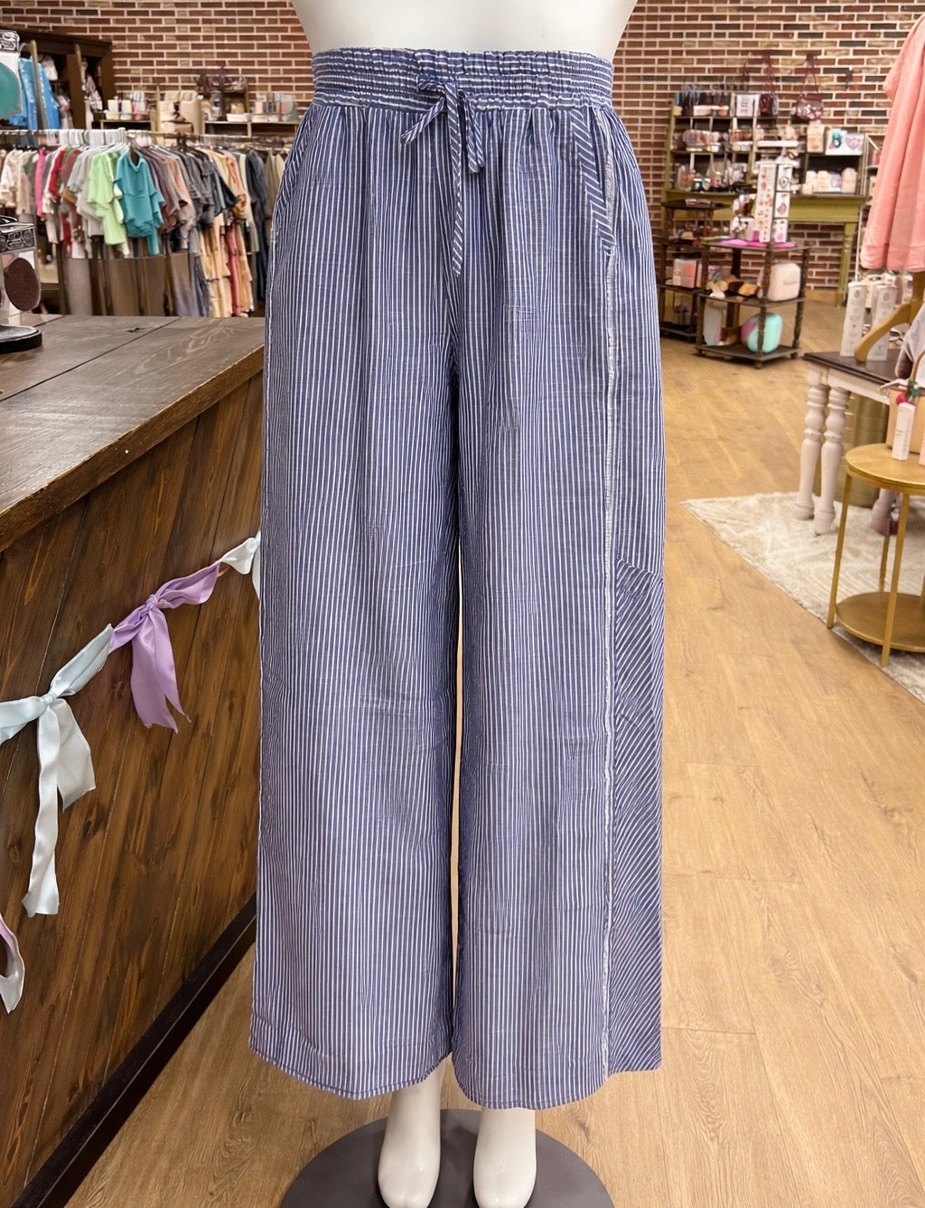 Umgee Light Weight Canvas Bottoms in a Blue Pin Strip