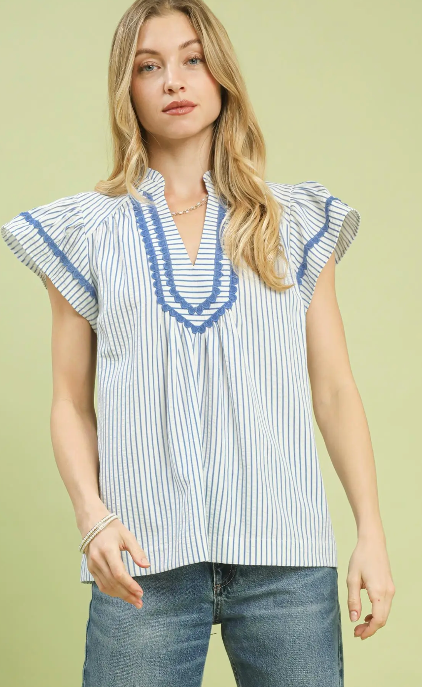 Blue Pinstripe Flutter Sleeve Top