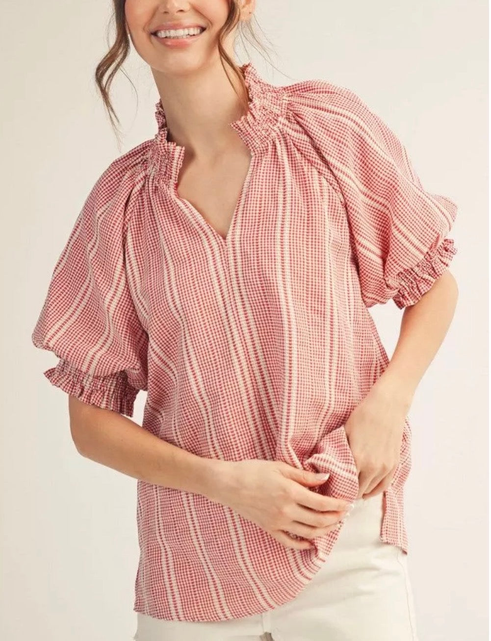 Red Puff Sleeve Striped Blouse