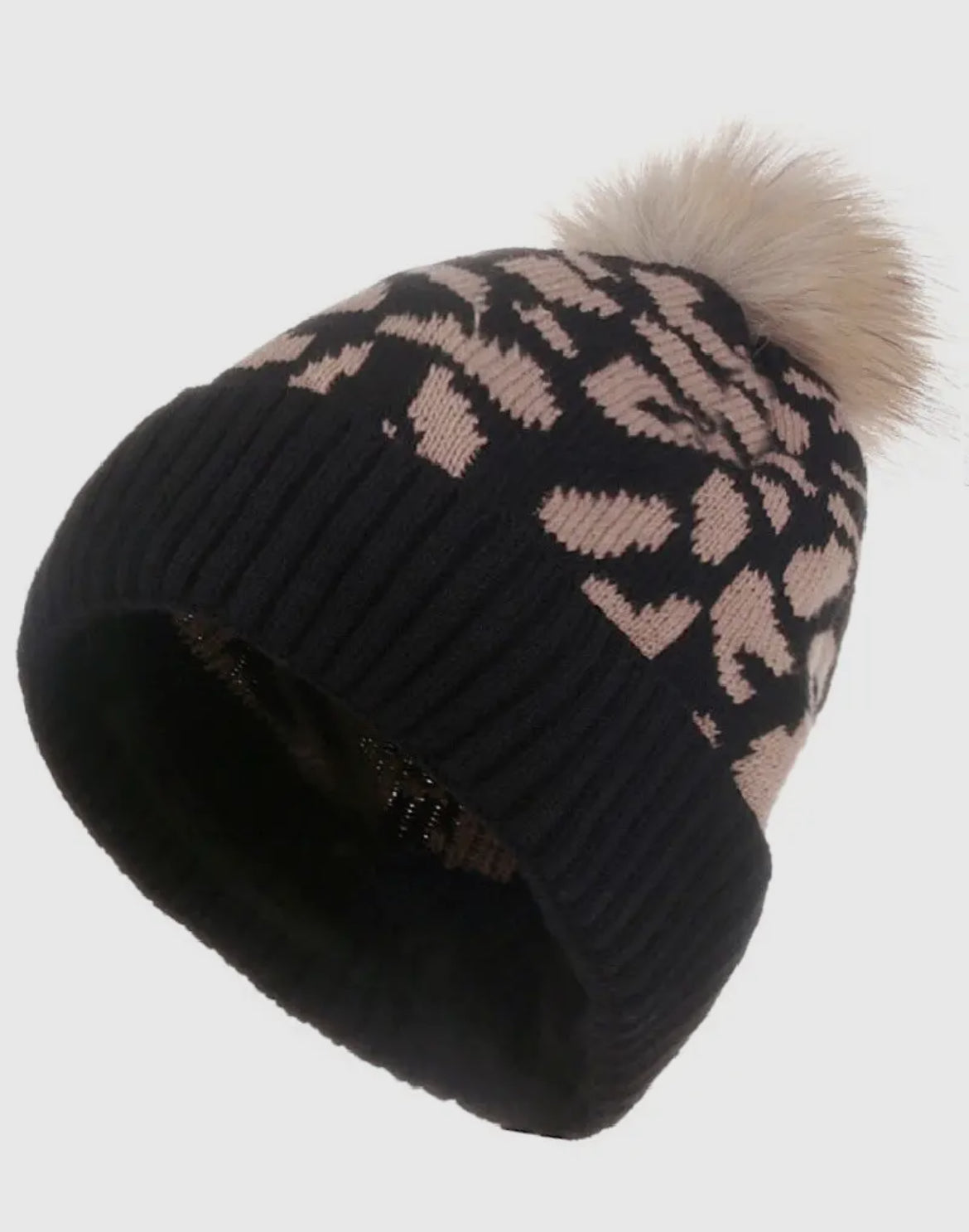 Leopard Pattern Knit Pom Pom Beanie