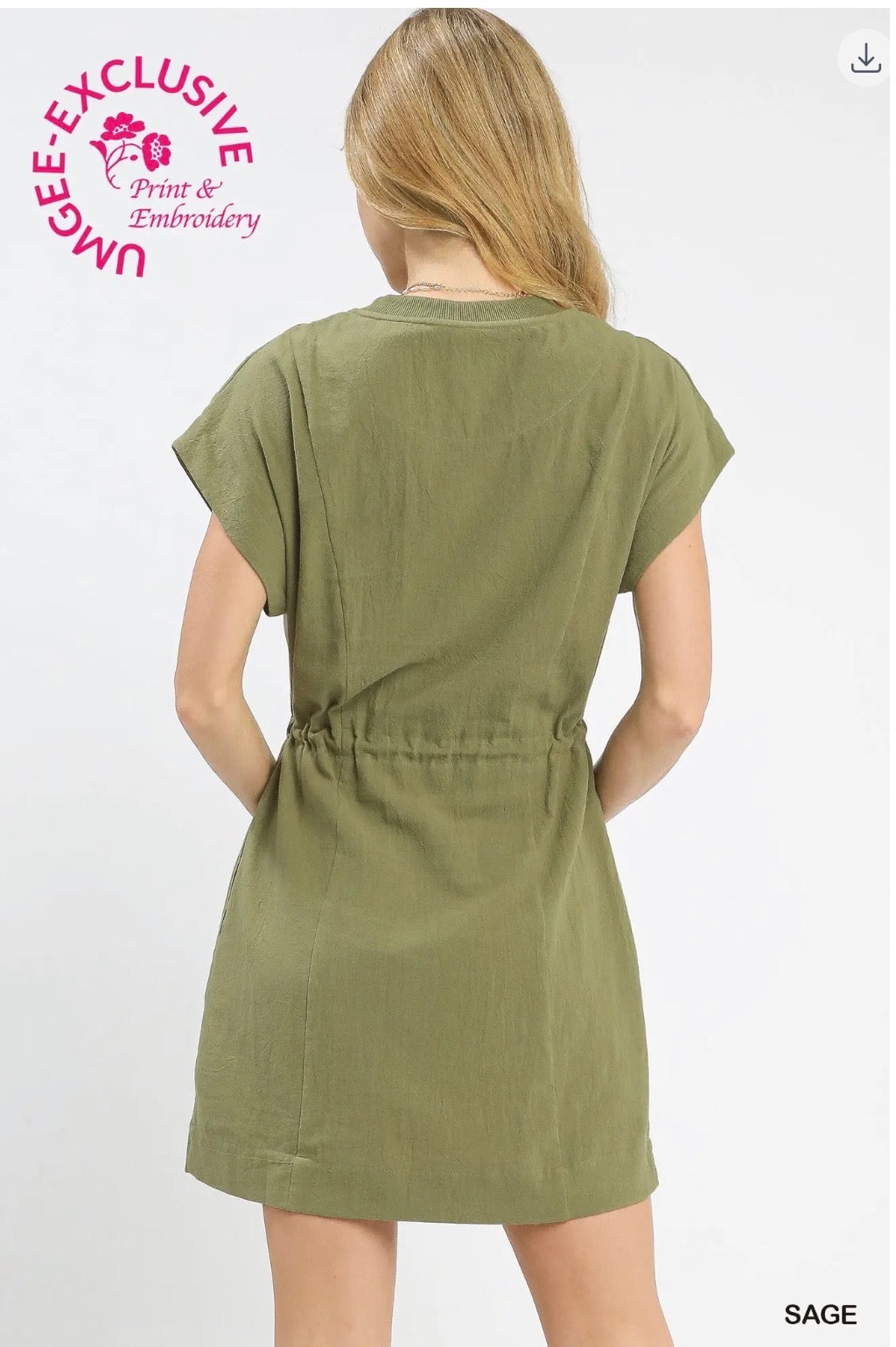 Sage Multicolor Floral Embroidery Short Sleeve Adjustable Waist Tie Dress