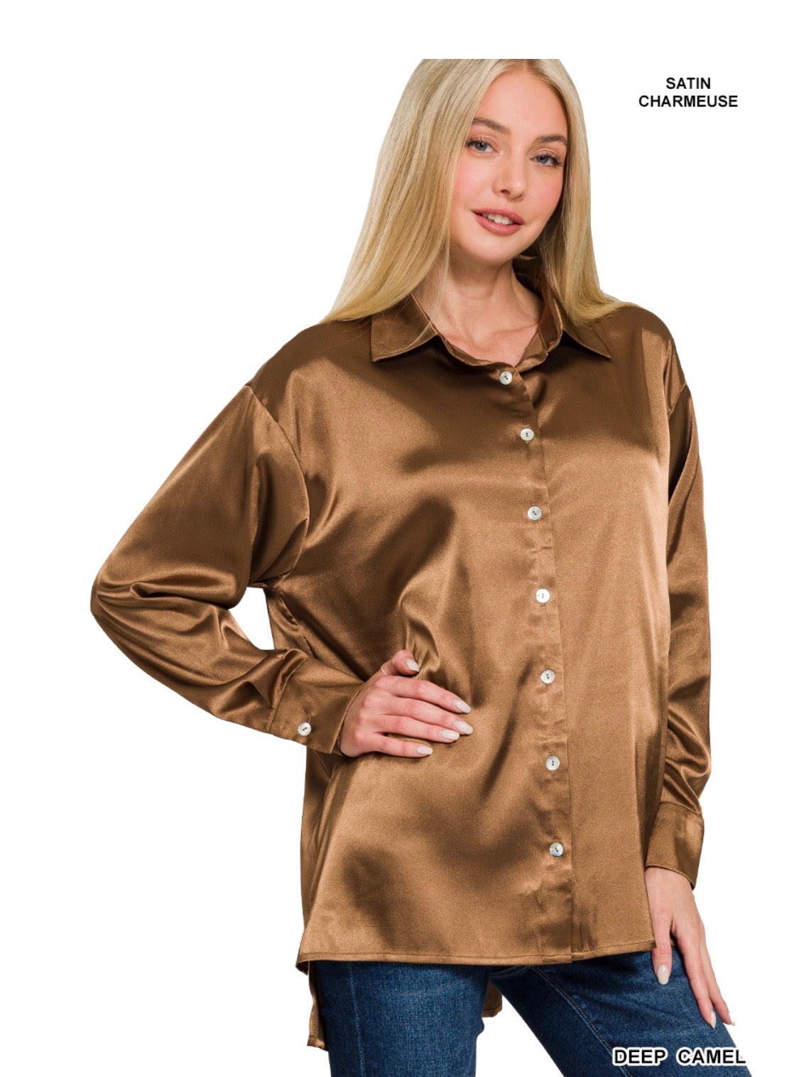Brown Satin Button Down Blouse