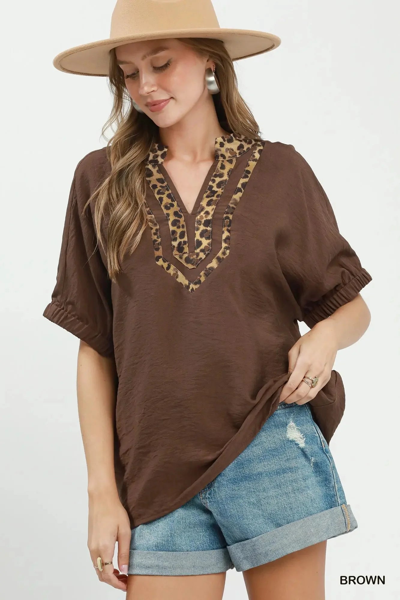 Brown Leopard V Neck Puff Sleeve Blouse