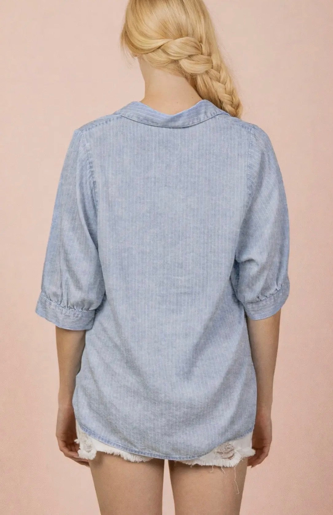 Mineral Washed Striped Denim Half Sleeve Blouse