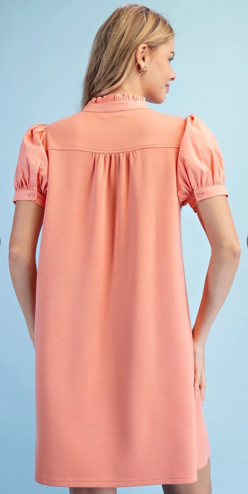 Apricot Puff Sleeve Half Button Dress