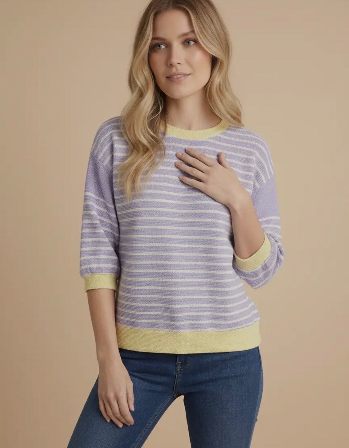 Purple Striped Quarter Sleeve Top with Yellow Detailing
