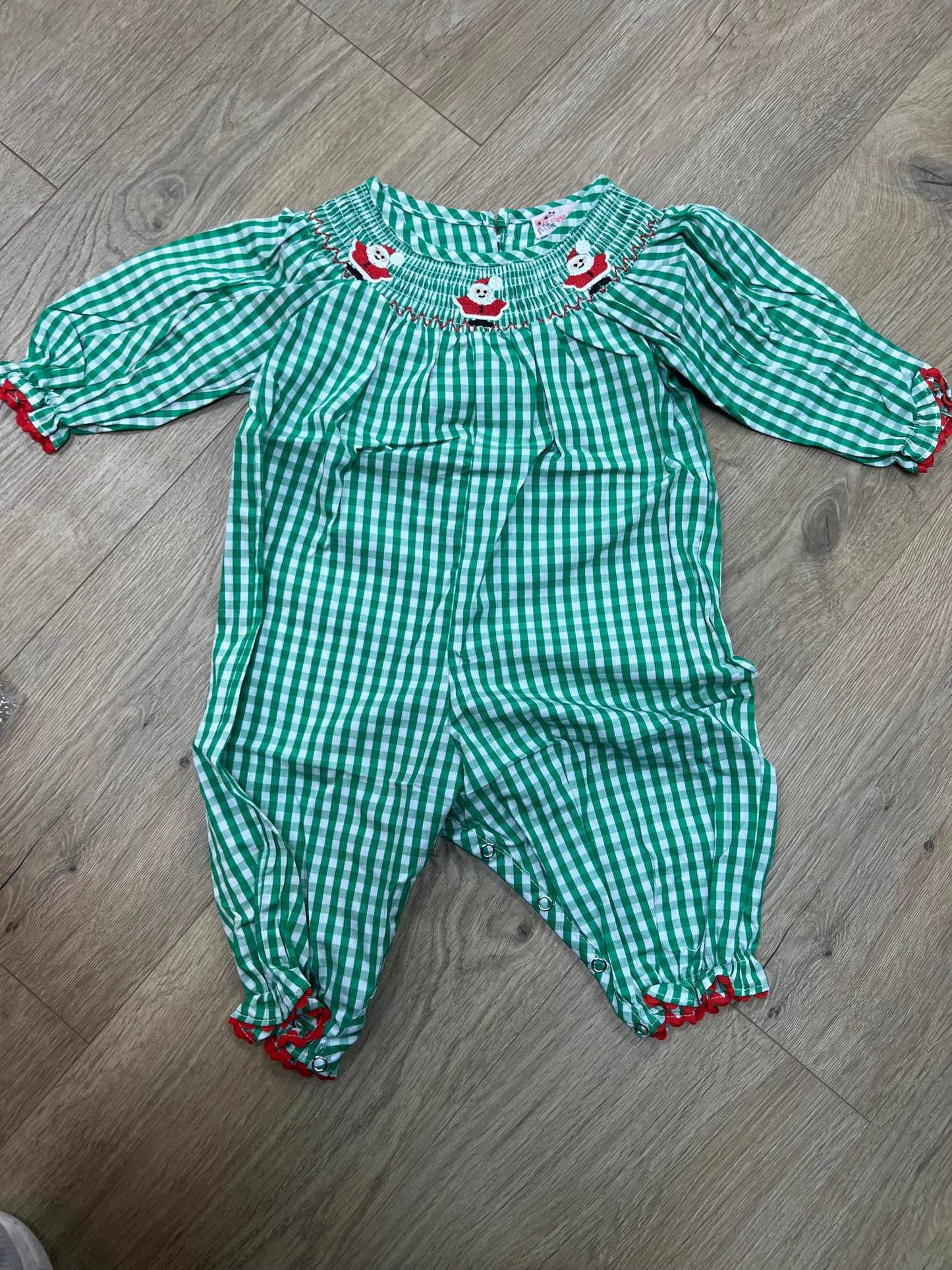 Green Christmas kids gingham smocked romper