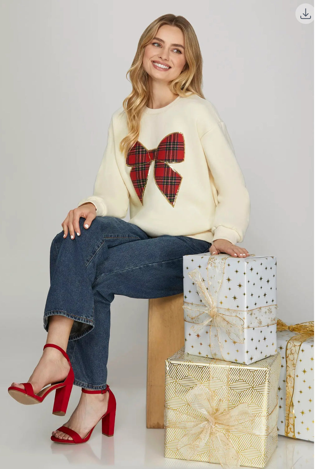 Long Sleeve Christmas Plaid Bow Knit Top