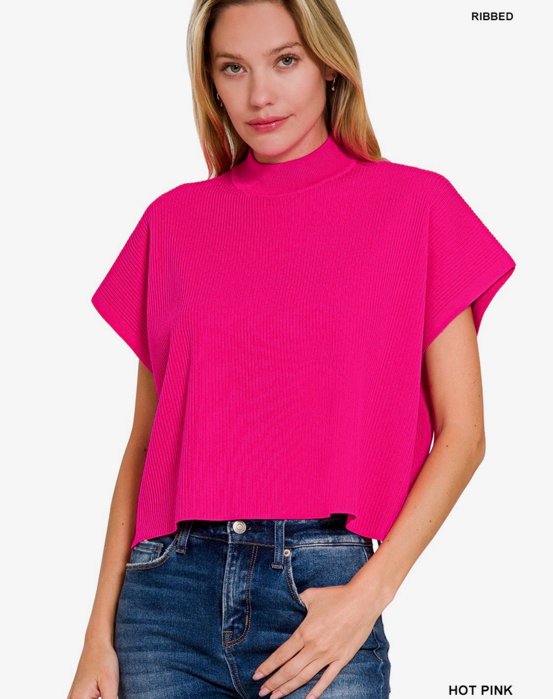Viscose Mock Neck Short Sleeve Boxy Sweater Top