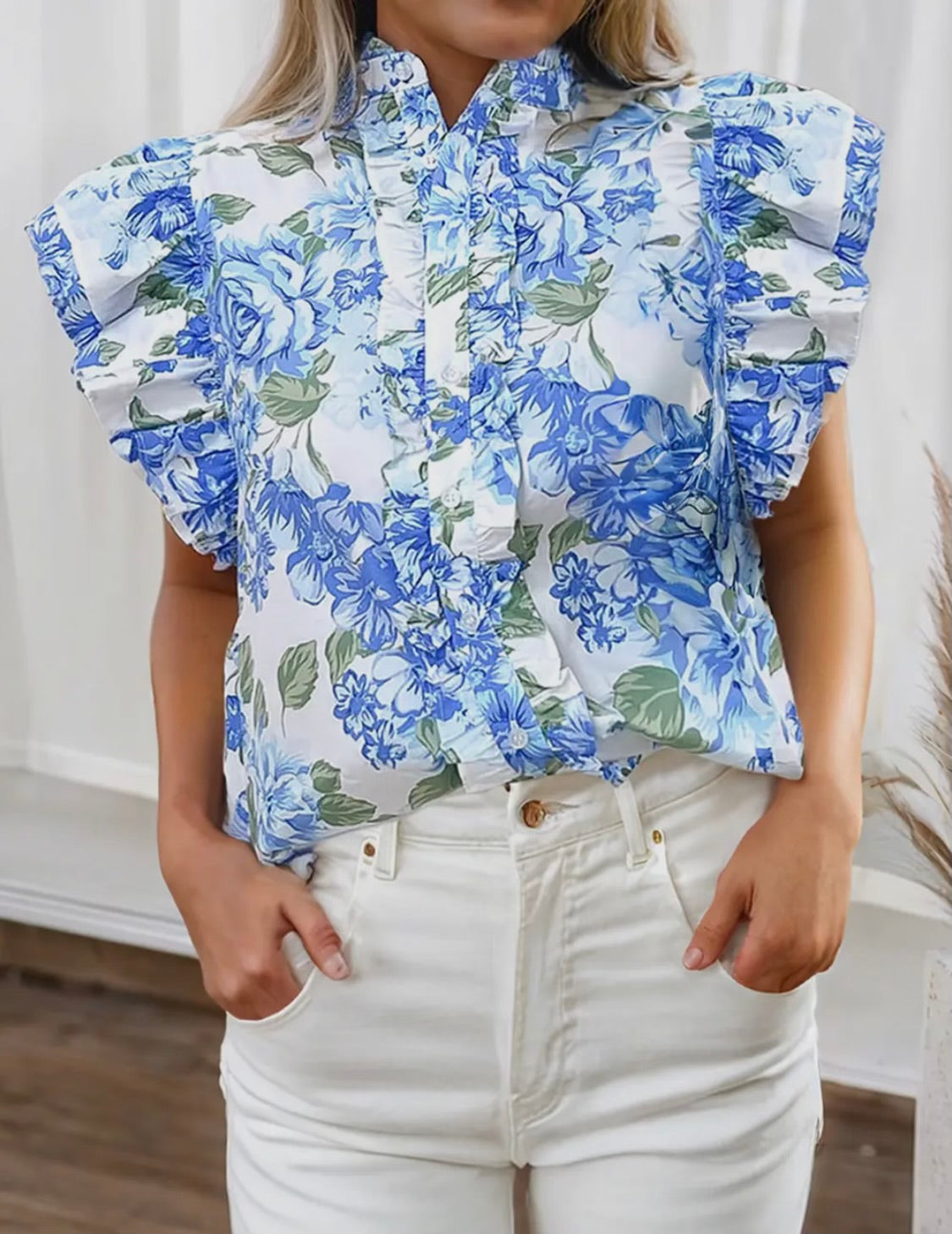 Blue floral ruffle sleeve blouse