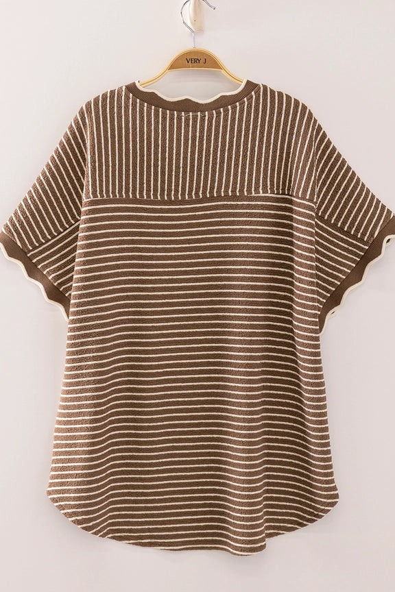 Brown and Cream Scallop Trim Lightweight Sweater