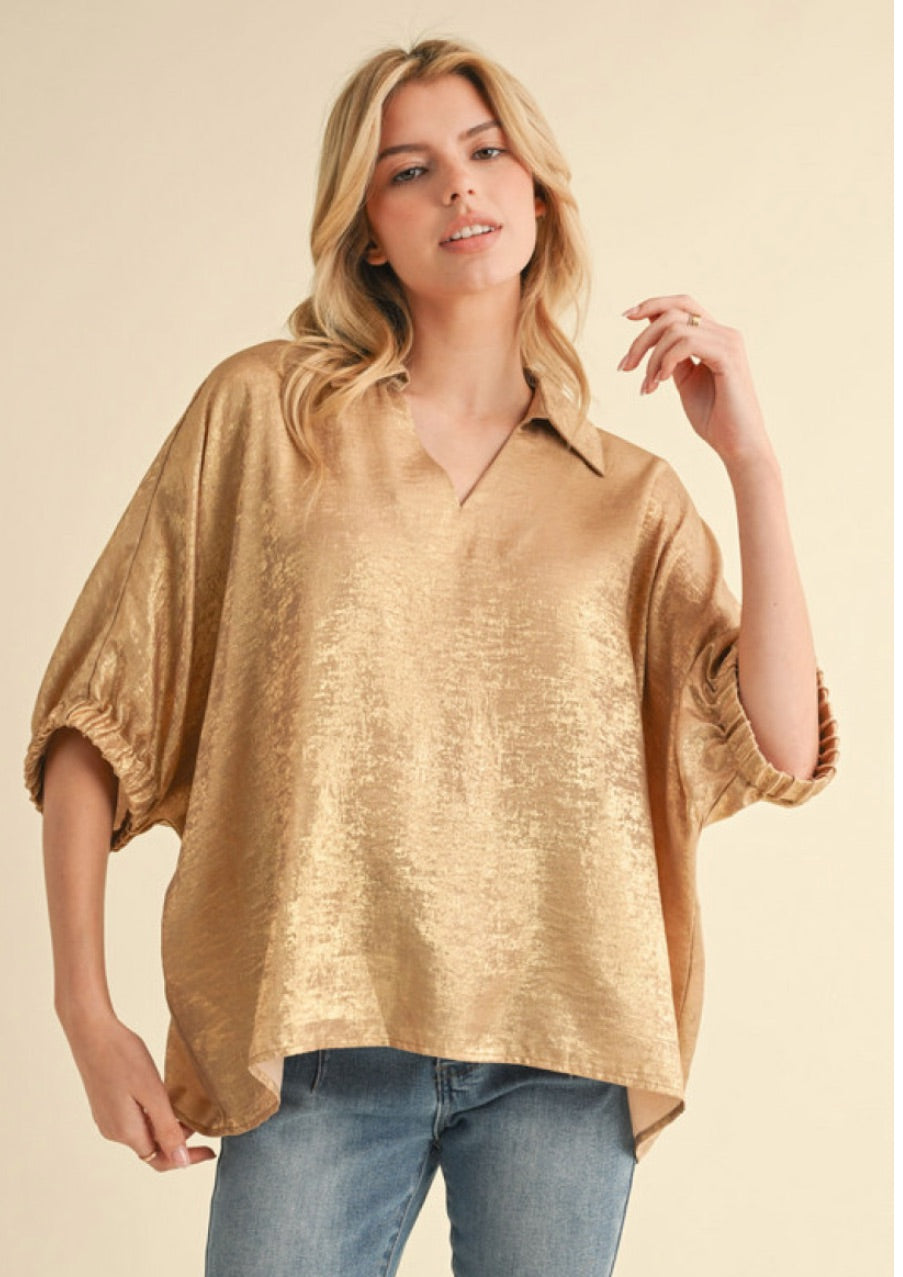 Metallic V Neck Top with Half Sleeves