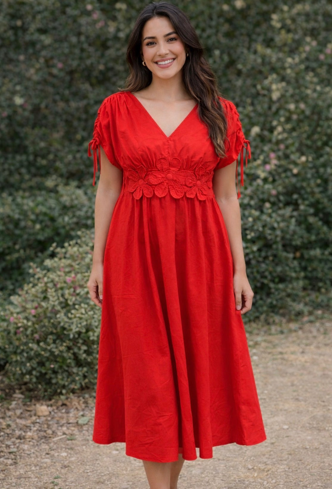 GiGiO Brand Red V- Lined Neck Flowy Dress