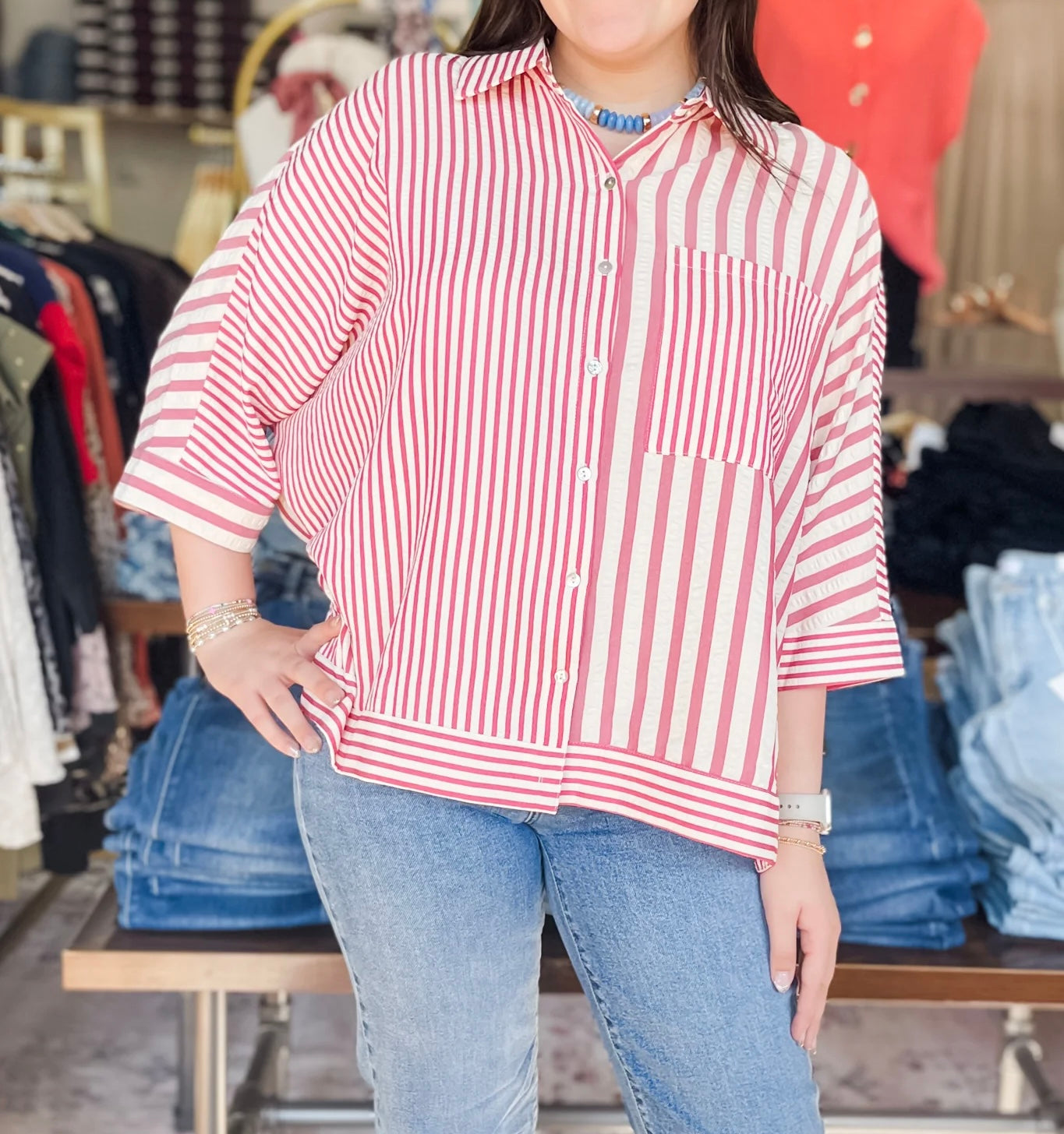 Raspberry Stripe Mix Umgee Blouse