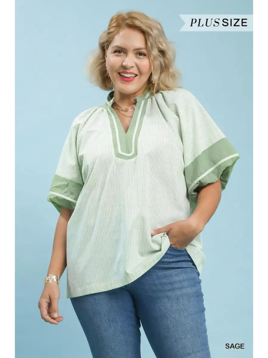 Plus Size Striped V Neck Puff Sleeve Top