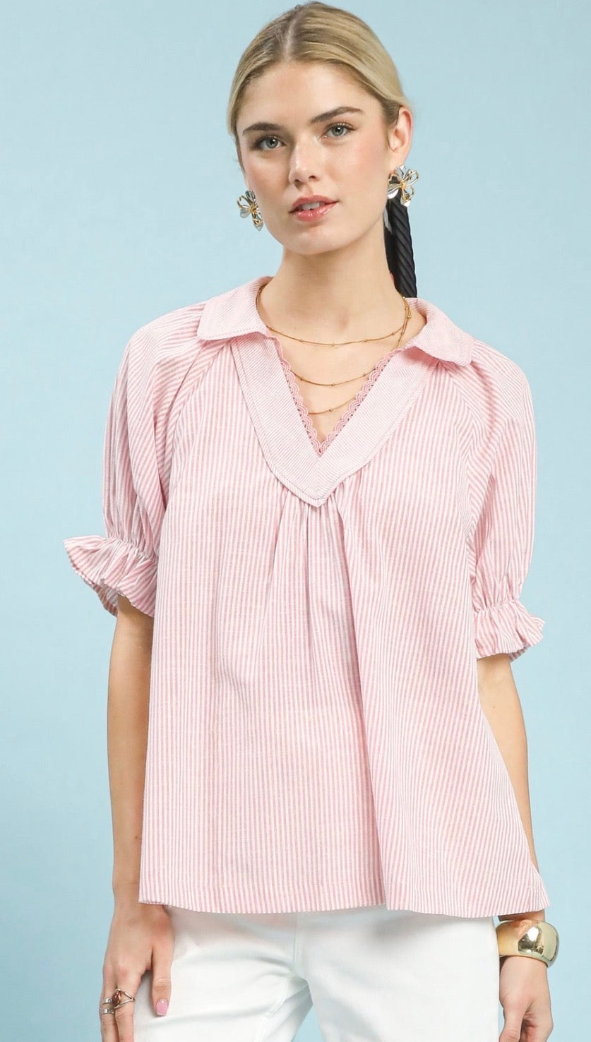Umgee Pinstripe V Neck Ruffle Blouse
