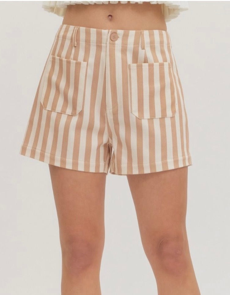 Striped High Waisted Tan And Cream Shorts
