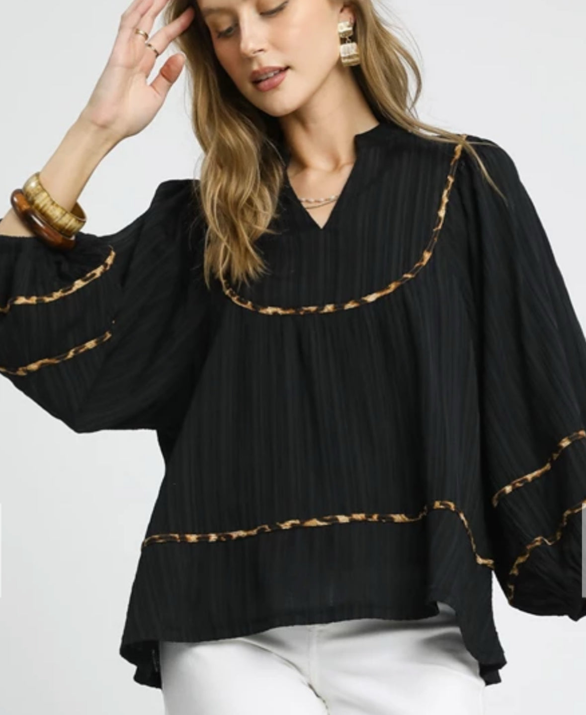 Black & Leopard Trim Blouse