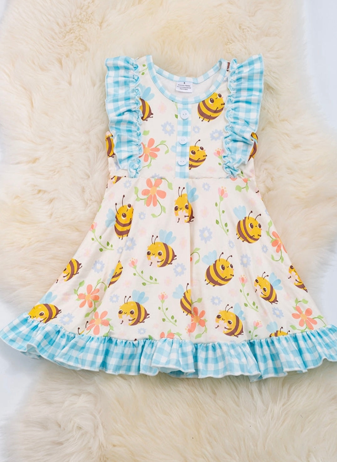Children's Bee and Gingham Dress with Ruffle Hems