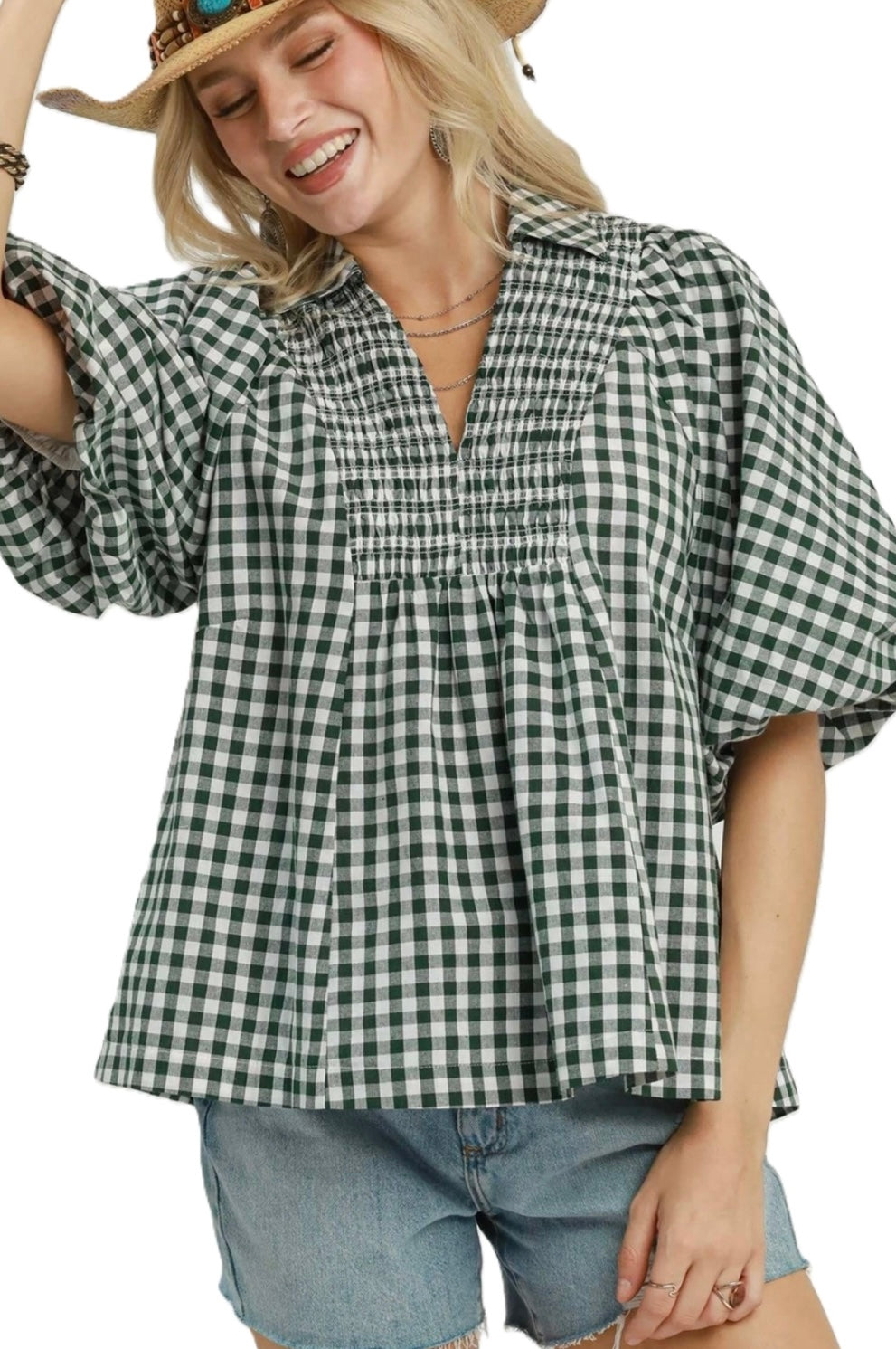 Gingham Smocked Yoke Pull Sleeve Blouse