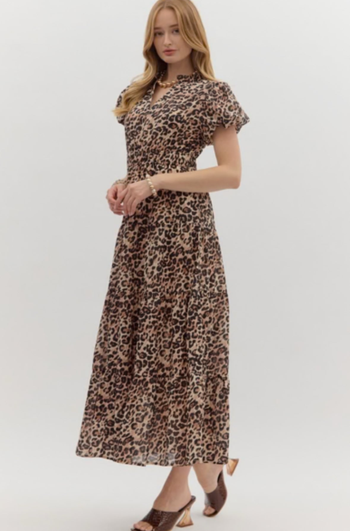 Leopard Print Short Bubble Sleeve Midi Dress