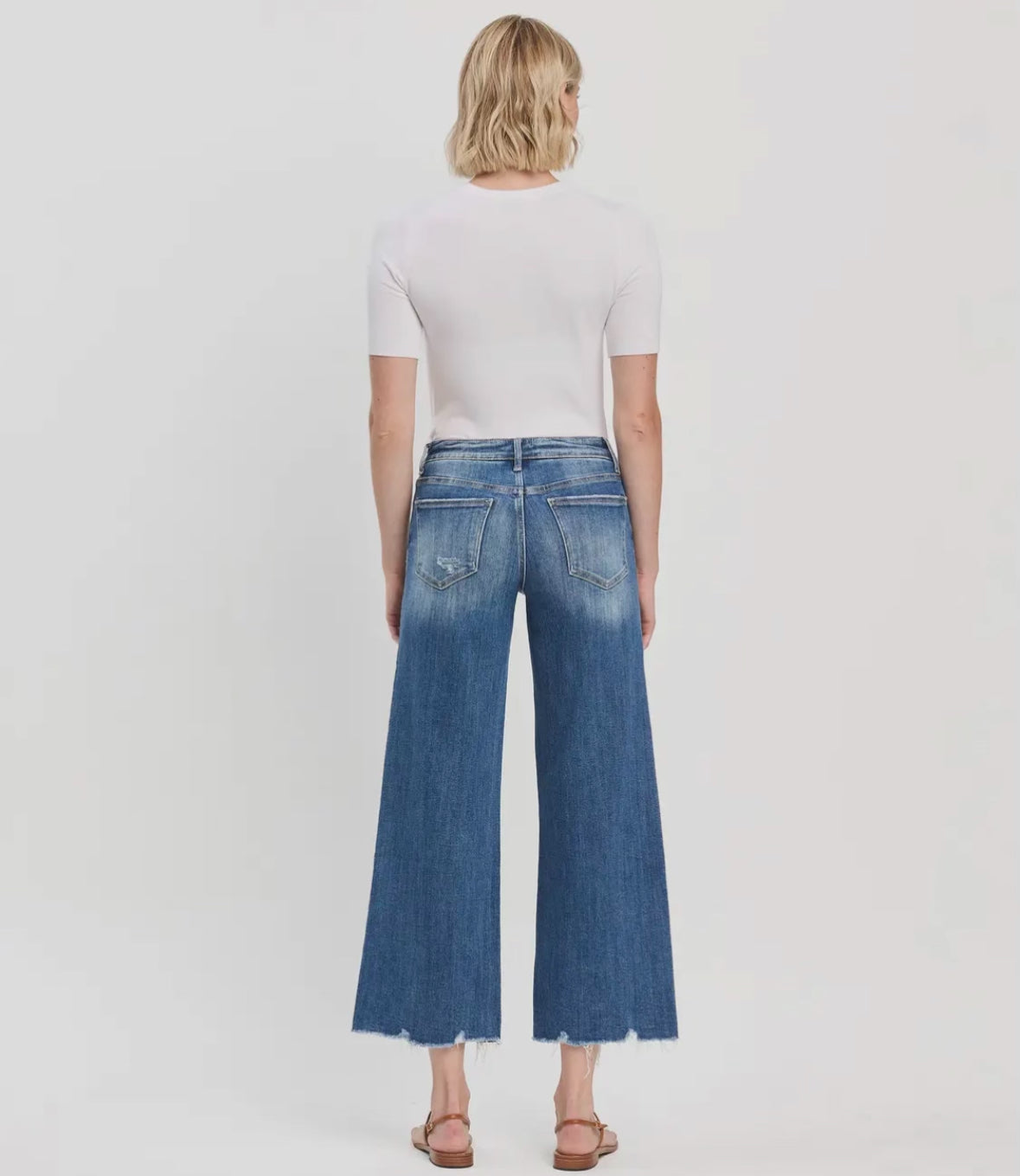Mid Rise Raw Hem Wide Leg Jeans