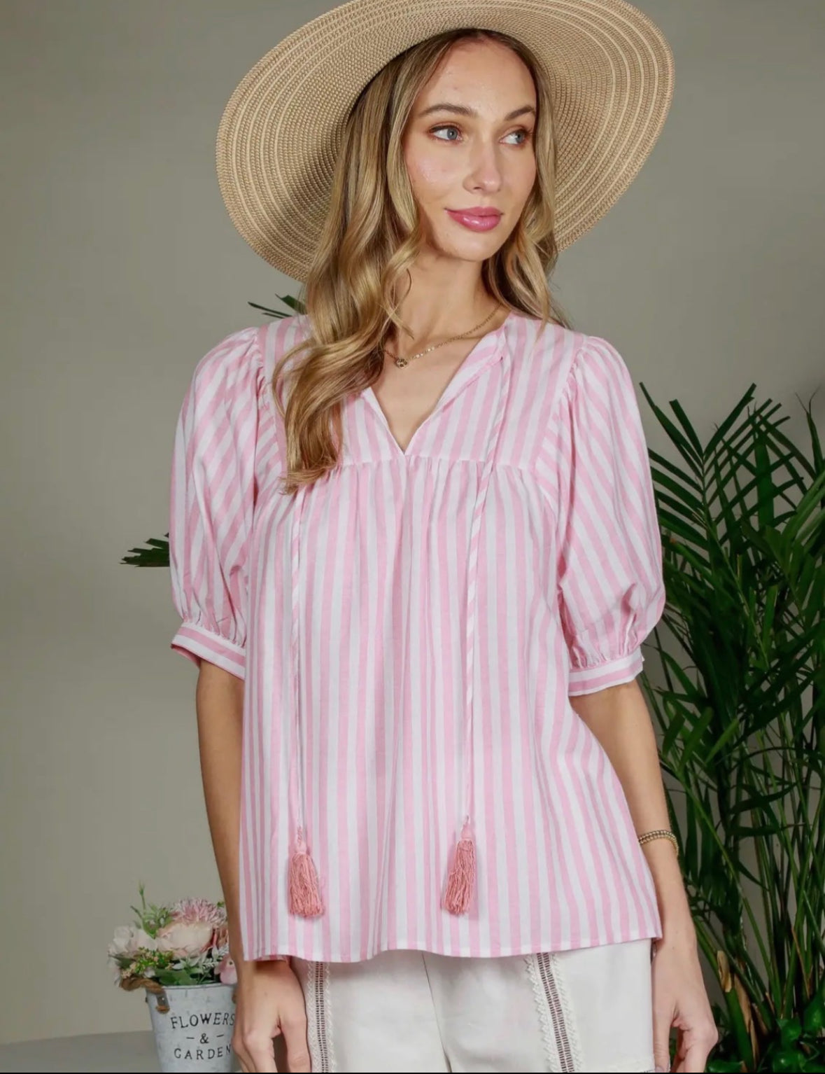 Pink V Neck Striped Half Sleeve Blouse