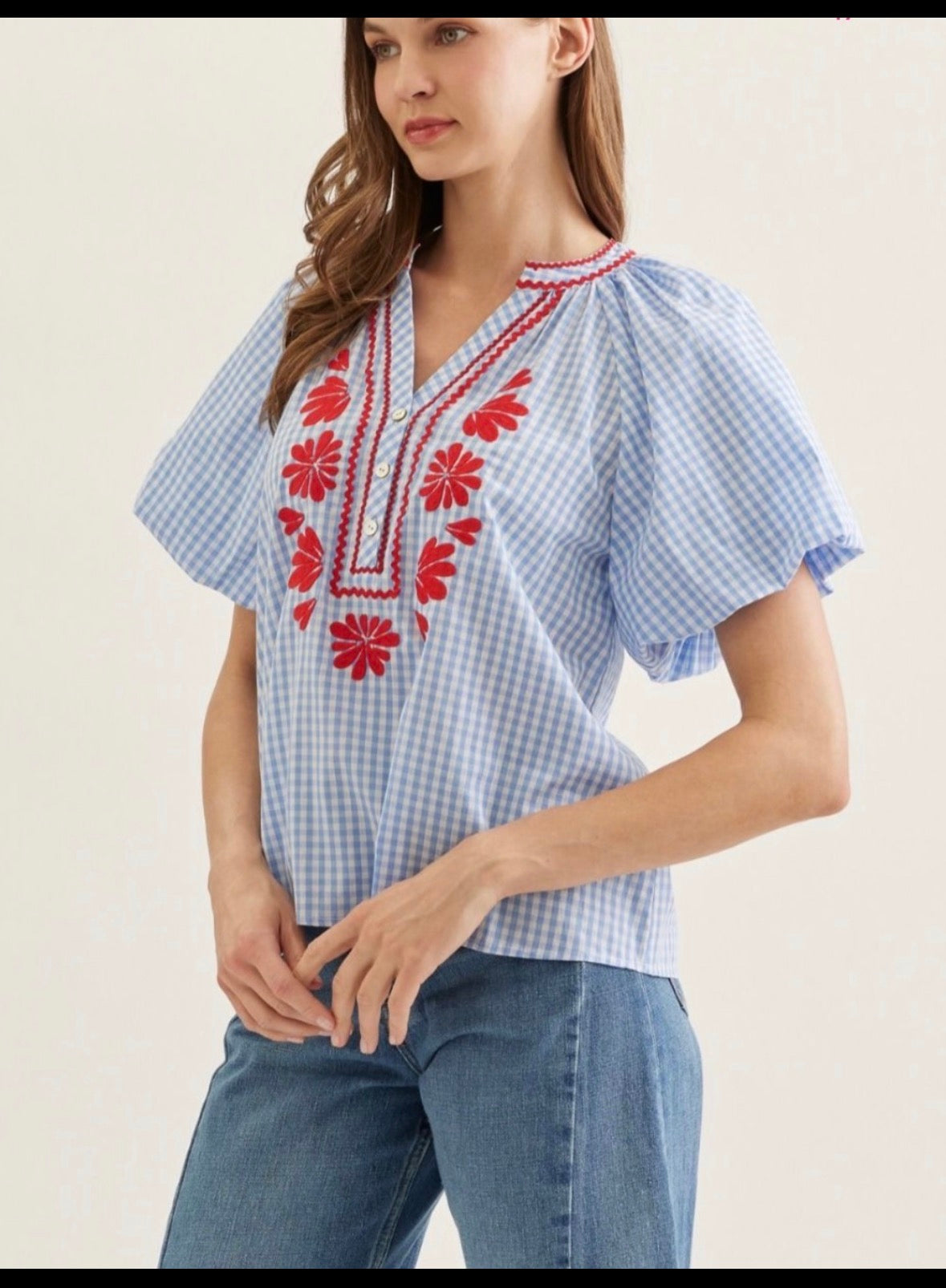 Plaid Puff Sleeve Floral Embroidery Top