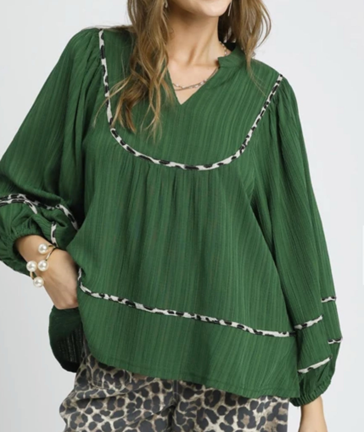 Green & Leopard trim Blouse