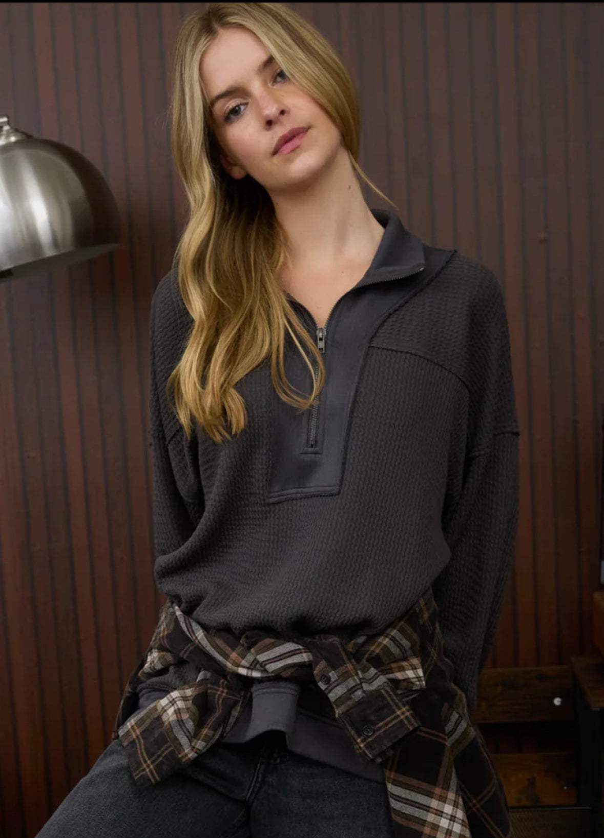 Half Zip Collared Long Sleeve Waffle Knit Top