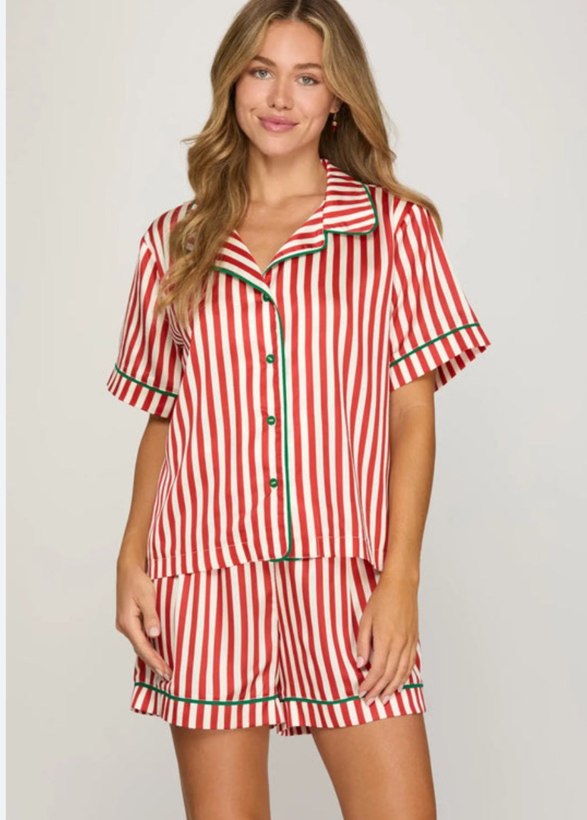 Satin Red Stripe with Green Trim PJ Set