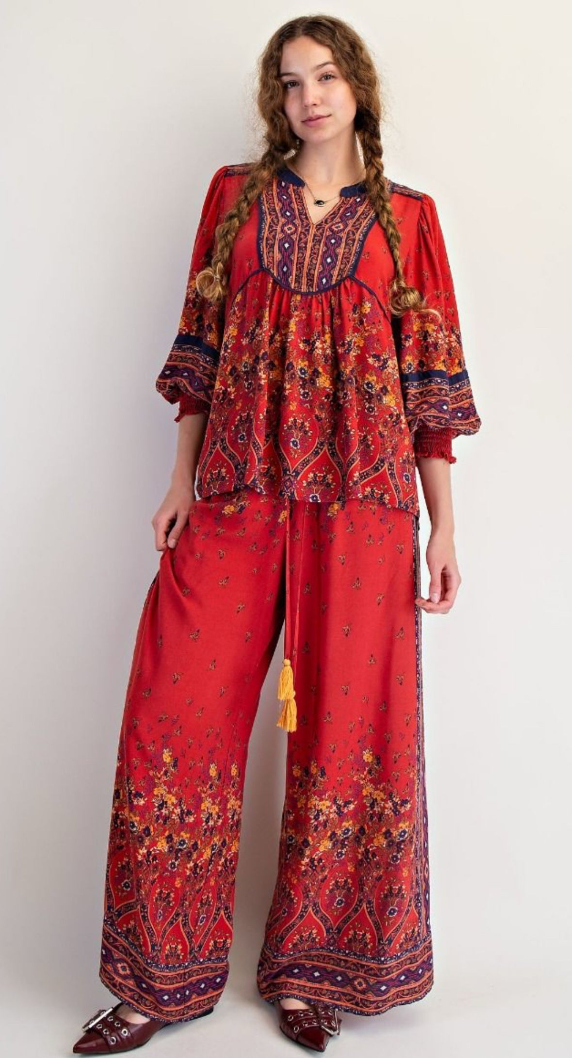 Long Sleeve Border Printed Rayon Top