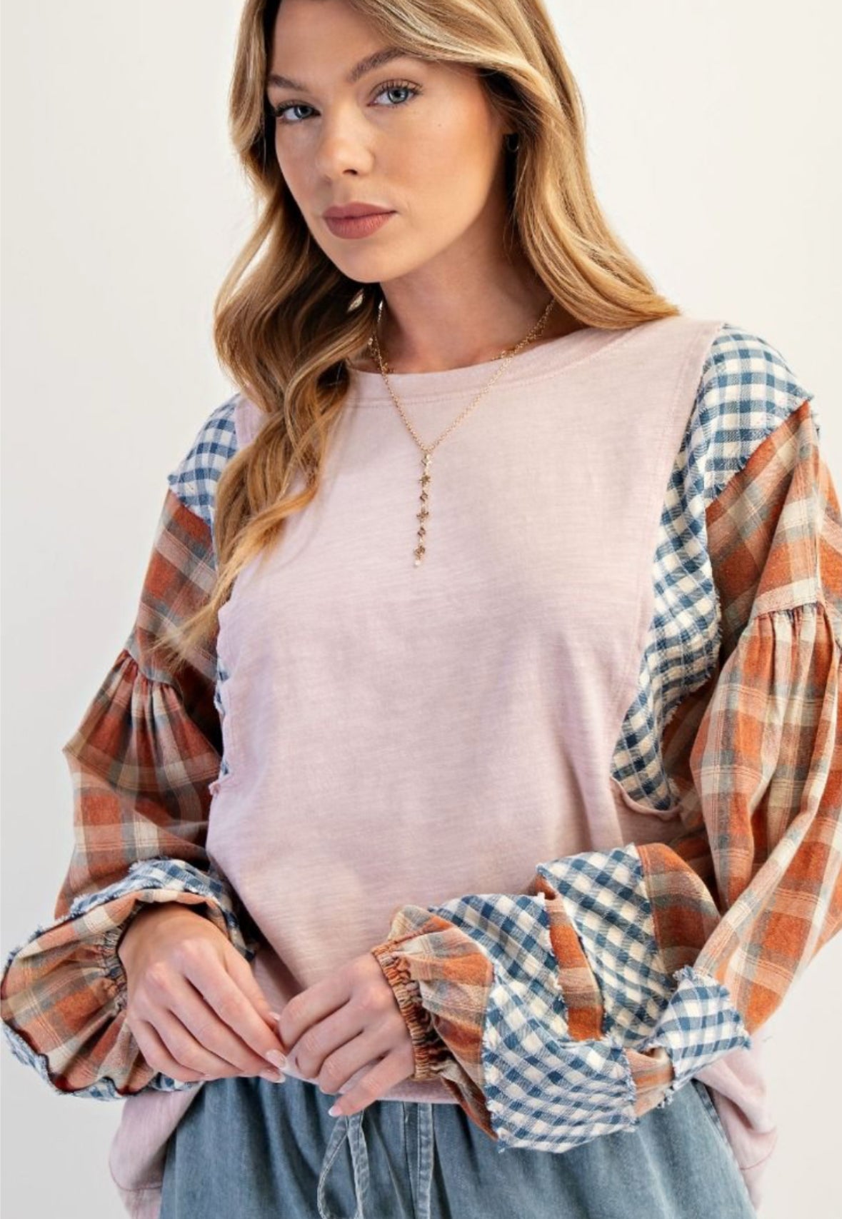 PLAID MIX WASHED COTTON
SLUB KNIT TOP