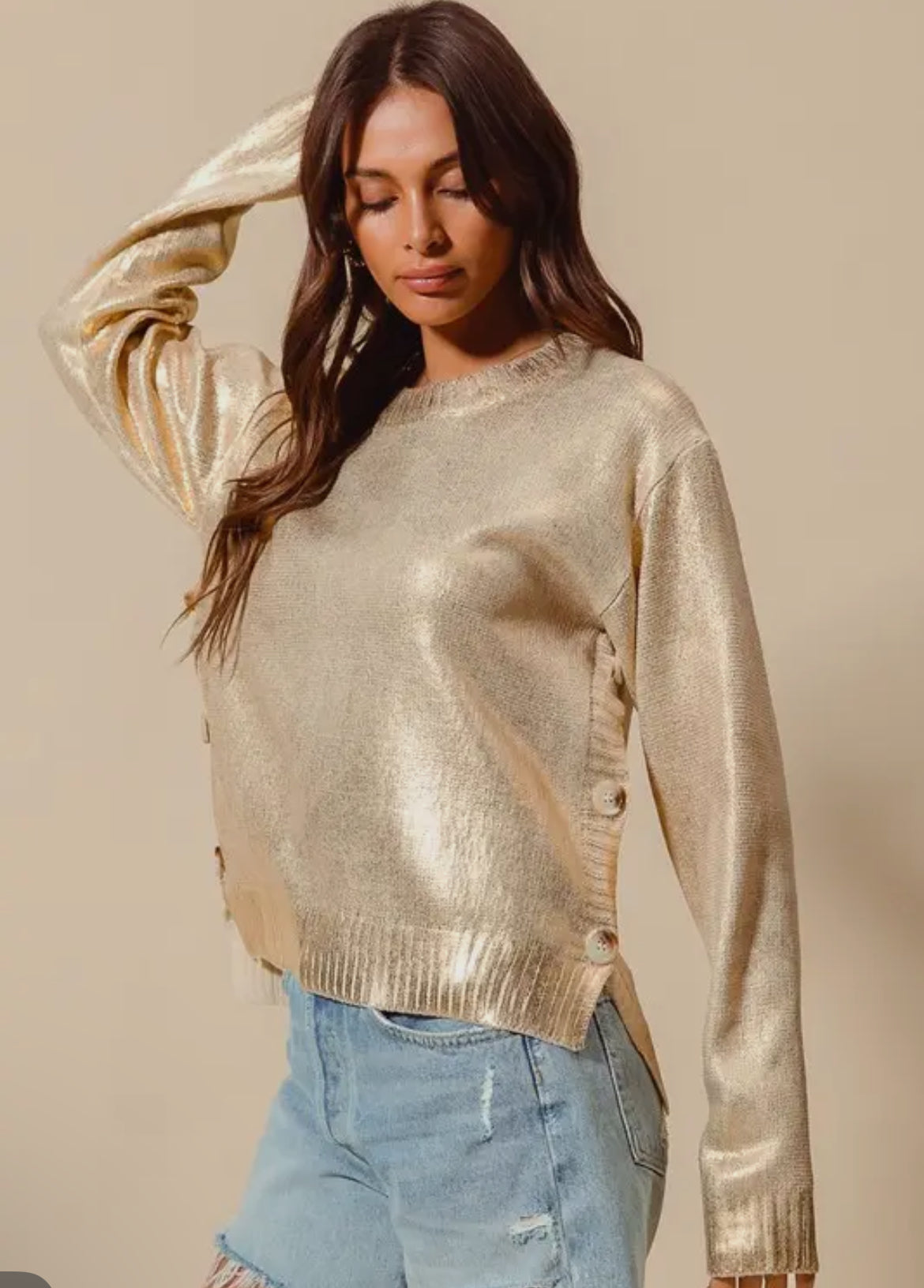 Gold Metallic Foil Sweater with Button sideseam