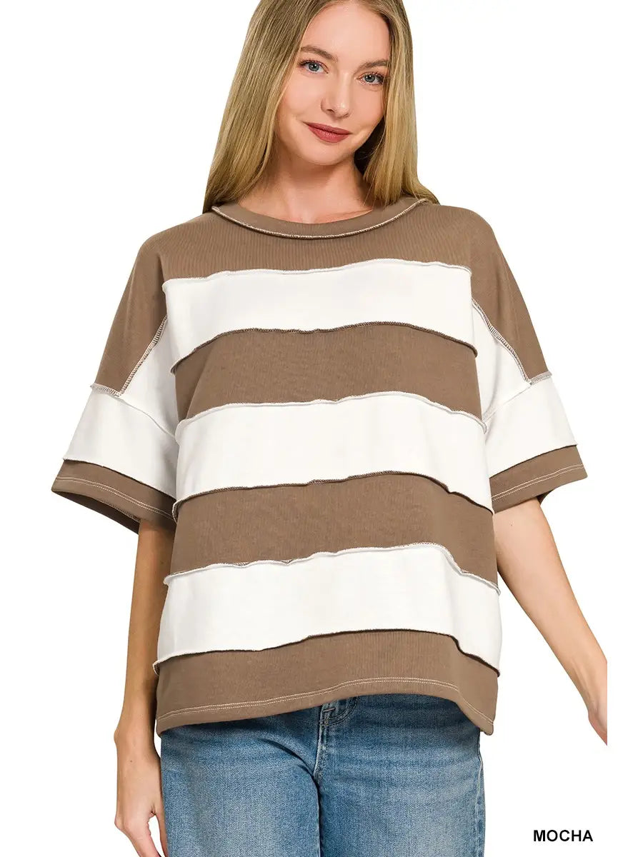 French Terry Striped Exposed Seam Top