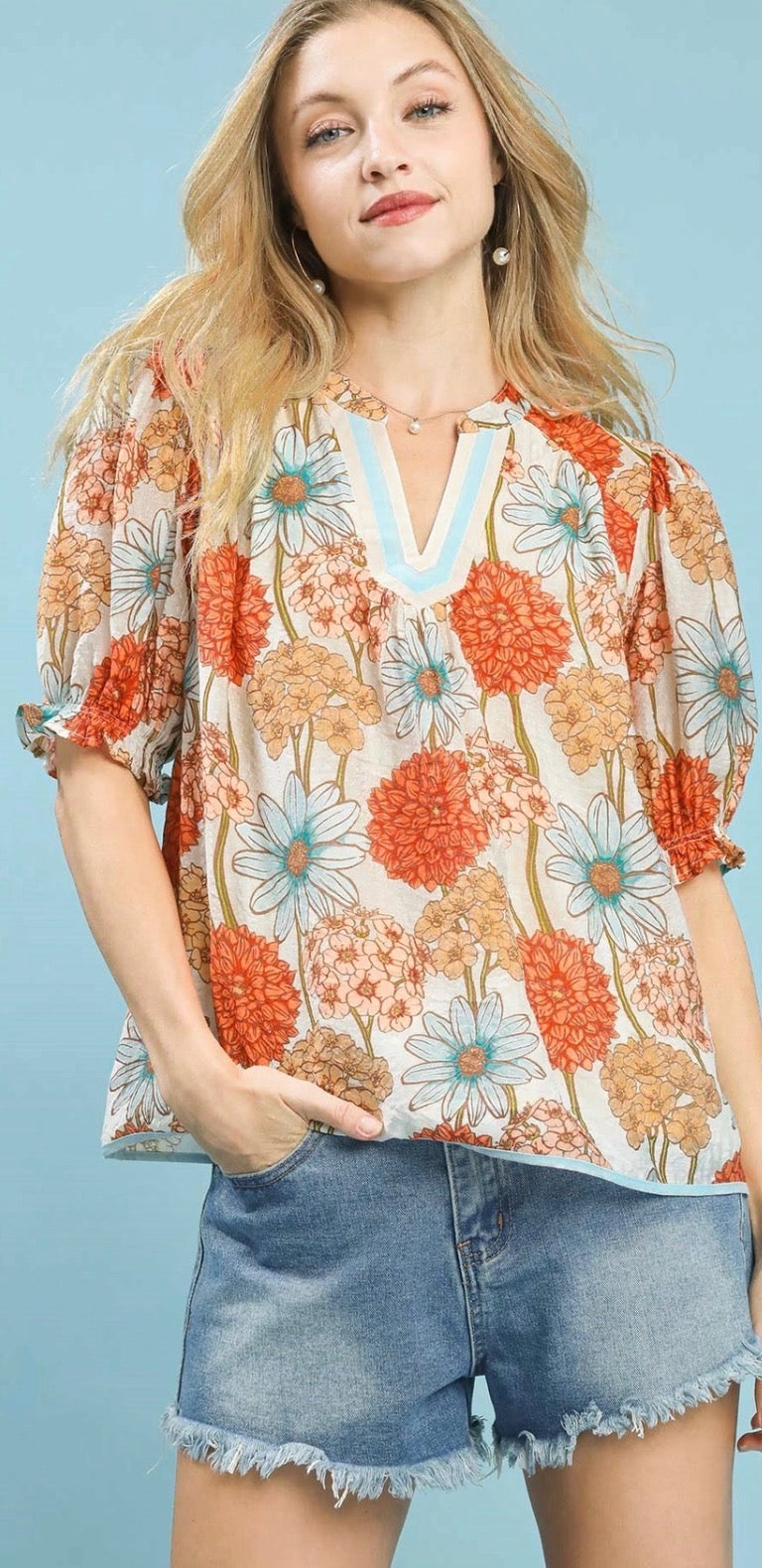 Floral Print V Neck Puff Blouse
